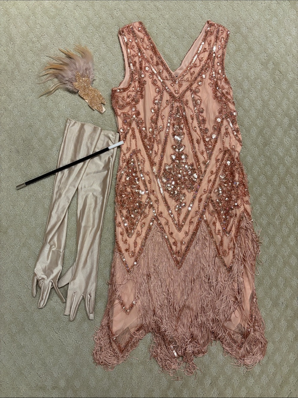 Vintage-Inspired Rose Gold Beaded Flapper Dress Costume Set